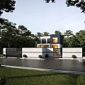 Modern Single Family House Exterior With Large Windows Balcony Garden And Outdoor Seating
