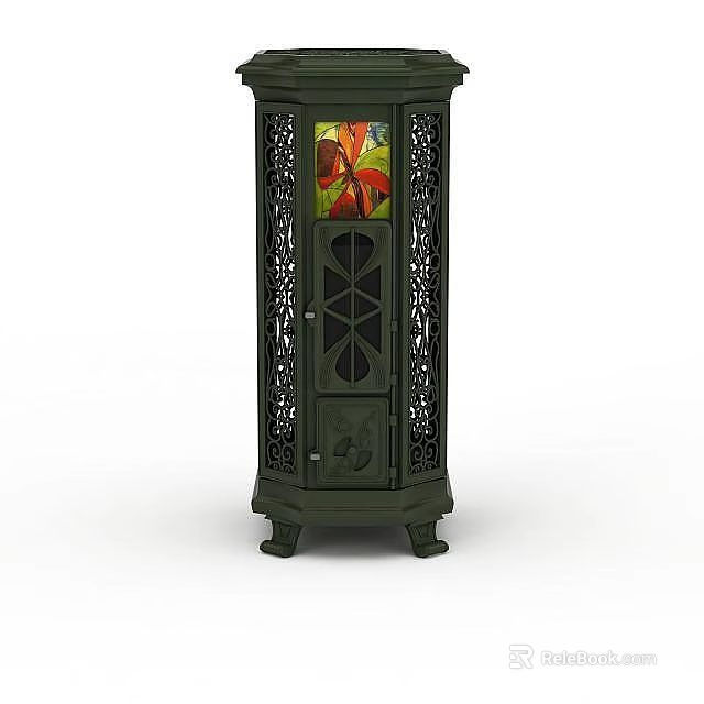 Decorative Green Side Table Featuring Ornate Carvings and Stained Glass Panel 3d model 