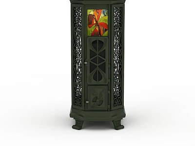 Decorative Green Side Table Featuring Ornate Carvings and Stained Glass Panel 3d model
