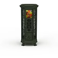 Decorative Green Side Table Featuring Ornate Carvings and Stained Glass Panel