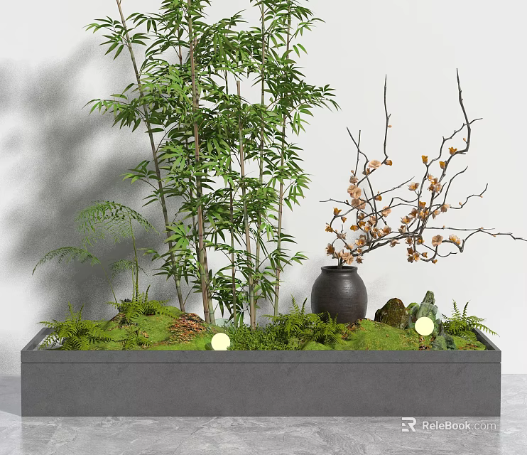 Bonsai Planter with Bamboo Plants Flowering Branches Green Moss and Black Ceramic Pot 3d model 