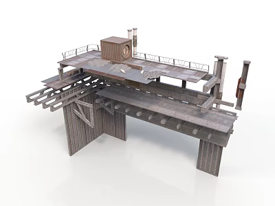 Industrial Platform Structure With Wooden Deck Metal Railings And Support Columns 3d model