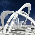 Modern White Sculpture Featuring Curved Structure And Fountain Against Starry Sky