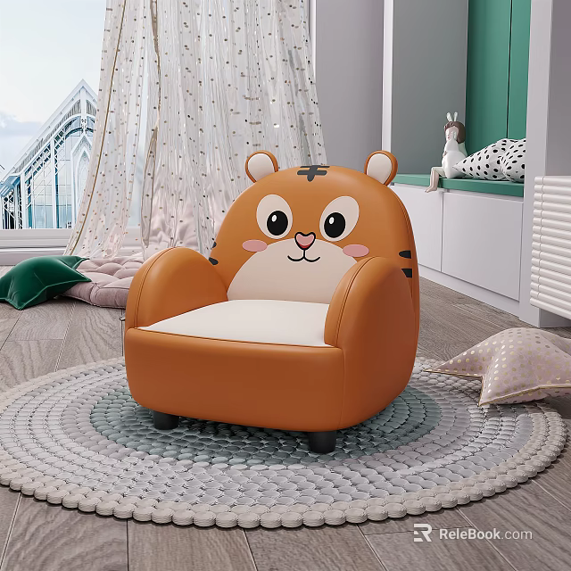Orange Tiger Shaped Kids Single Sofa With Cartoon Face And Soft Cushion 3d model 