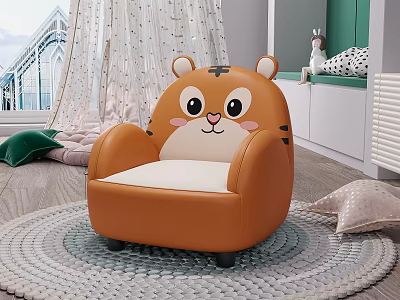 Orange Tiger Shaped Kids Single Sofa With Cartoon Face And Soft Cushion 3d model