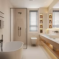 Modern Bathroom Interior With Large Mirror Wooden Vanity And Soft Lighting 3d model