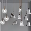 Modern Pendant Lights Multiple Different Shapes Metal Glass Hanging In Grey Frame Background 3d model