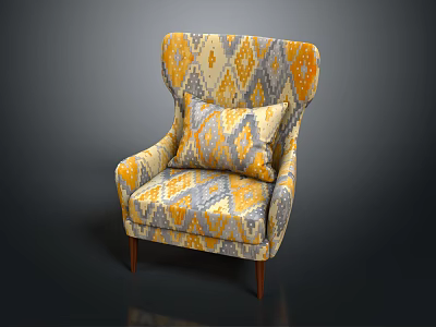 Modern Accent Chair With Geometric Pattern Pillow In Orange Yellow Gray And Wooden Legs 3d model