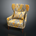 Modern Accent Chair With Geometric Pattern Pillow In Orange Yellow Gray And Wooden Legs