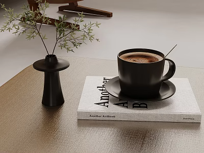 Stylish Tabletop with Black Vase Green Foliage Coffee Cup on Andrew Marr Book 3d model