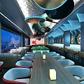 Modern Restaurant Featuring Long Tables Red Gray Chairs Unique Ceiling Decor And Circular Wall Art 3d model