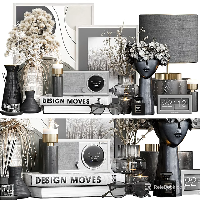 Elegant Modern Decorative Ornament Set With Dried Flowers Vases Mask Pieces Radio Decor And Clock 3d model 