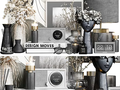 Elegant Modern Decorative Ornament Set With Dried Flowers Vases Mask Pieces Radio Decor And Clock 3d model