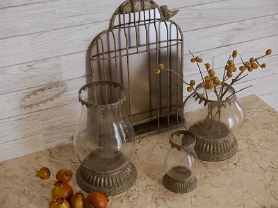 Vintage Decorative Ornament Combination With Metal Birdcage Glass Vases Berry Branches On Wooden Table 3d model