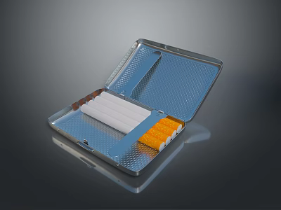 Open Metal Cigarette Case With White Cigarettes And Orange Lighter Inside 3d model