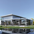 Modern Sales Office Building Architectural Design With Glass Walls Walkway Water Pool And Greenery 3d model