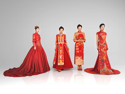 Women Wearing Red Traditional Chinese Dresses With Elegant Long Gowns And Stylish Designs 3d model
