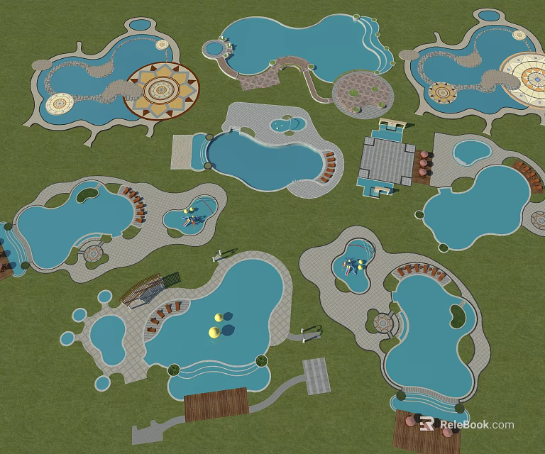 Waterfront Landscape Design Featuring Multiple Curved Water Bodies Paths And Seating Areas 3d model 