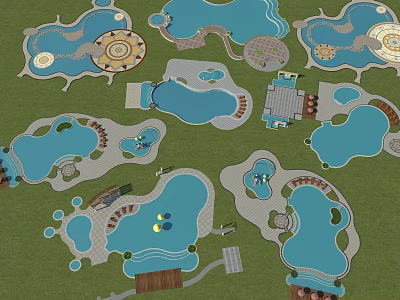 Waterfront Landscape Design Featuring Multiple Curved Water Bodies Paths And Seating Areas 3d model