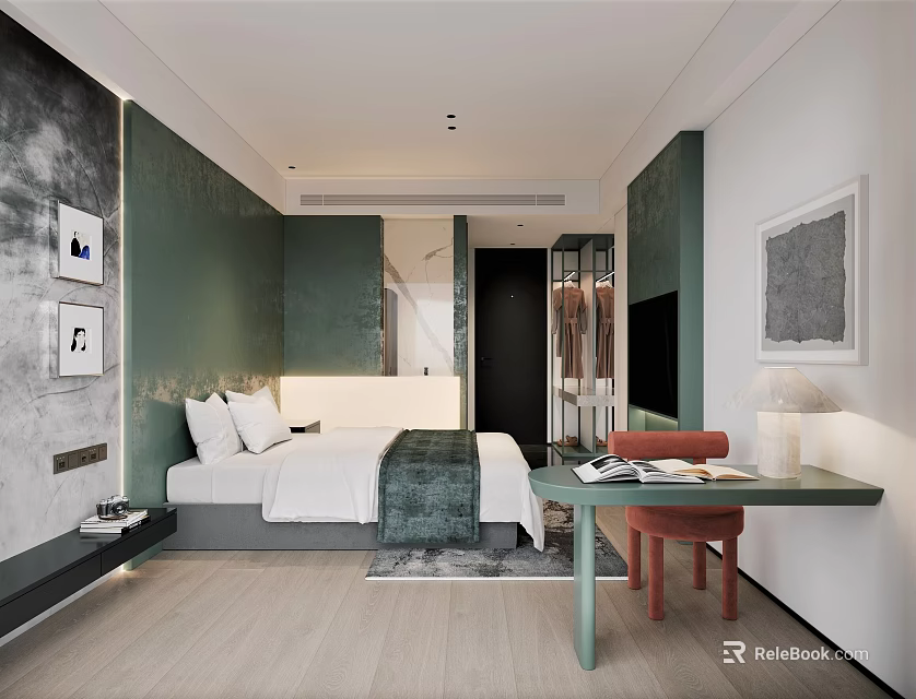 Modern Hotel Room Interior With Green Walls Bed Wooden Desk And Chair 3d model 