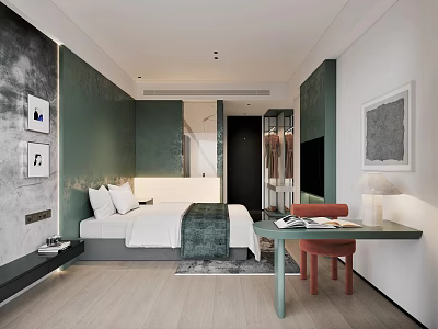 Modern Hotel Room Interior With Green Walls Bed Wooden Desk And Chair 3d model