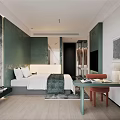 Modern Hotel Room Interior With Green Walls Bed Wooden Desk And Chair