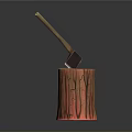 Decorative Axe Weapon With Wooden Handle And Metal Head Embedded In Stripped Red Tree Stump