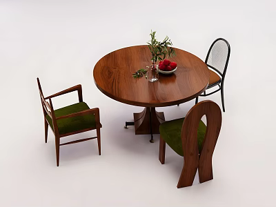 Round Wooden Dining Table Set Featuring Four Chairs Green Cushions Fruit Bowl Red Fruits Greenery 3d model
