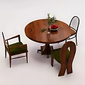 Round Wooden Dining Table Set Featuring Four Chairs Green Cushions Fruit Bowl Red Fruits Greenery