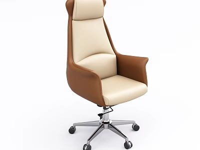 High Backrest Office Chair with Beige and Brown Upholstery Armrests and Silver Metal Base Wheels 3d model