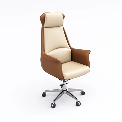 High Backrest Office Chair with Beige and Brown Upholstery Armrests and Silver Metal Base Wheels 3d model