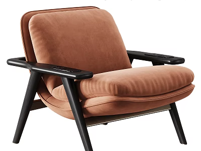 Comfortable Caramel Velvet Leisure Chair With Sturdy Black Solid Wood Armrests And Sleek Supporting Legs 3d model