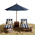 Cozy Garden Lounge Decor With Blue White Striped Chairs Navy Umbrella Wooden Table On Sand
