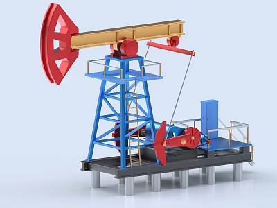 Industrial Oil Pump Jack Equipment With Blue Metal Structure Red Wheel Platform And Ladder 3d model