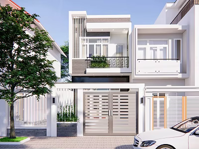Modern Detached Villa With White Exterior Grille Gate And Front Greenery 3d model