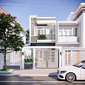 Modern Detached Villa With White Exterior Grille Gate And Front Greenery