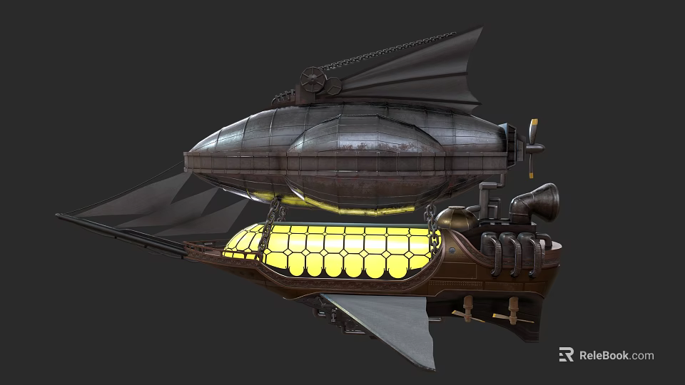 Steampunk Airship With Metallic Hull Glowing Windows Propellers And Mechanical Wings 3d model 