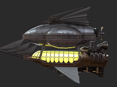Steampunk Airship With Metallic Hull Glowing Windows Propellers And Mechanical Wings 3d model