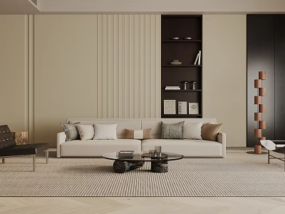 Modern Living Room Interior With Beige Sofa Pillows Glass Coffee Table Striped Wall Dark Bookshelf 3d model