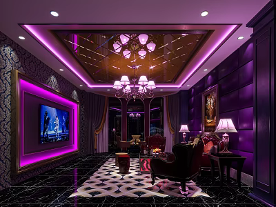 Luxurious KTV Lounge Interior With Purple Lighting Chandelier TV Screen And Sofa Rug 3d model