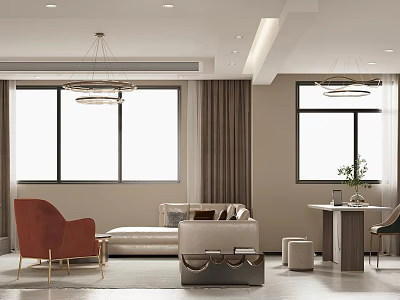 Modern Living Room Interior With Beige Sofa Red Armchair Windows Curtains And Chandeliers 3d model