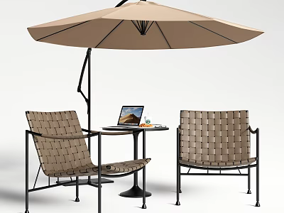 Comfortable Woven Outdoor Chairs with Umbrella and Small Table Holding Laptop 3d model