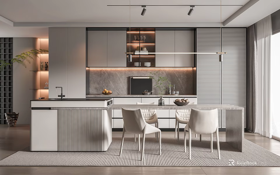 Modern Open Restaurant Kitchen Interior With Marble Island Cabinets And Dining Table Chairs 3d model 