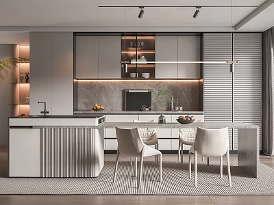 Modern Open Restaurant Kitchen Interior With Marble Island Cabinets And Dining Table Chairs 3d model