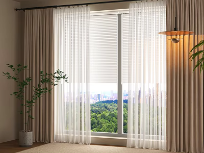 White Sheer Curtains And Beige Drapes With Green Trees City View Indoor Plant 3d model