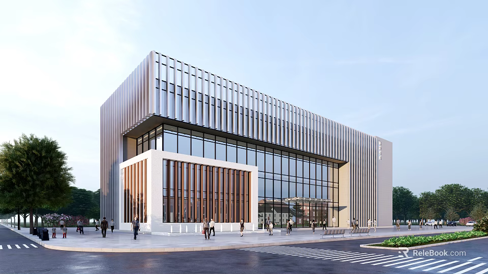 Modern Office Building With Glass Curtain Wall Metal Panels Wooden Accent And Pedestrian Area 3d model 
