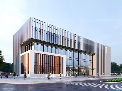 Modern Office Building With Glass Curtain Wall Metal Panels Wooden Accent And Pedestrian Area 3d model