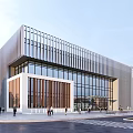 Modern Office Building With Glass Curtain Wall Metal Panels Wooden Accent And Pedestrian Area