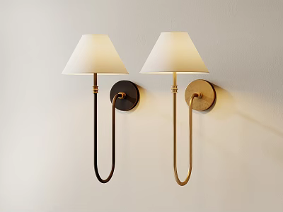Two Modern Wall Sconces With White Shades And Dark Gold Bases On Light Wall 3d model