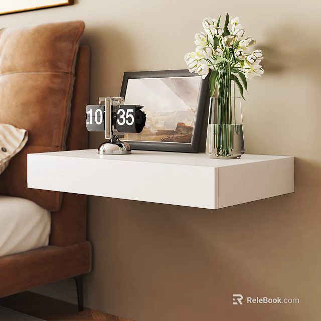 Cozy Bedroom Interior With White Floating Shelf Holding Clock Picture Frame And White Flower Vase 3d model 